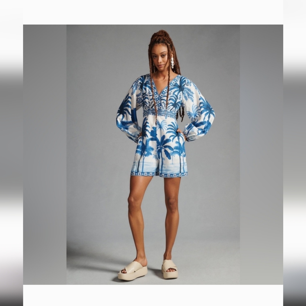 FARM Rio Blue and White Palm Print Jumpsuit
